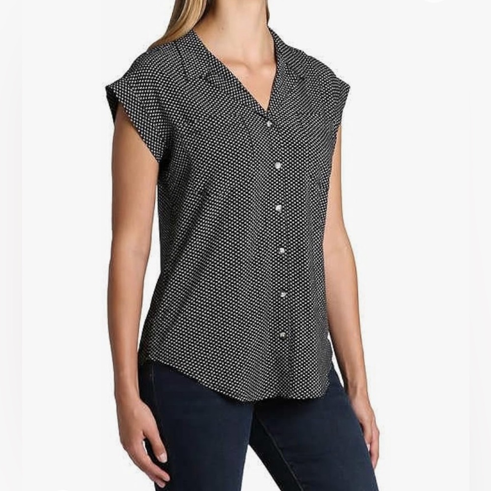 Jach’s Girlfriend Cap Sleeved Blouse Black & White Bird/Heart Print Size Large